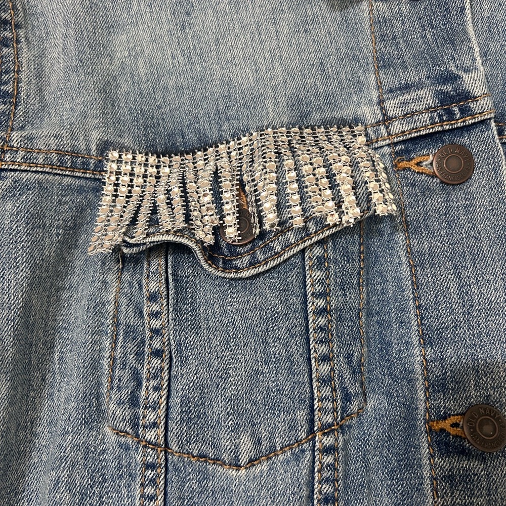 Upcycled Denim Jean Jacket XL Rhinestone Fringe Let Me Tell You ’Bout My Jesus - Picture 8 of 8